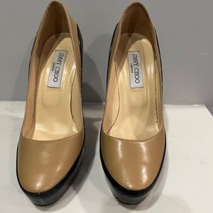 JIMMY CHOO Beige Leather/Black Patent Stiletto Platform Heel